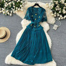 Designer 2025 Summer Pleated Chiffon Lace Long Dress Women Flower Embroidery Gold Button Belt Evening Party Dresses Wedding Robe - M & M Global