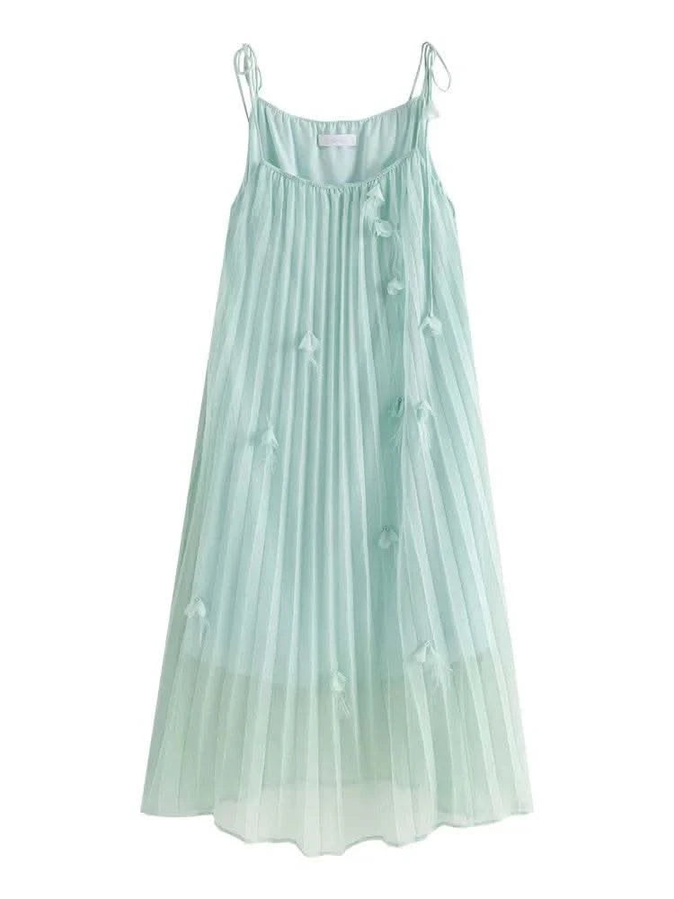 DUSHU Sleeveless Women Thin Long Dress Holiday Style Female Summer Spaghetti Strap Dress Green Women A-LINE Dress 24DS82796 - M & M Global
