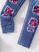 2-Piece Spring and Autumn Girls Fashion Set Pink Leopard Print Knit Round Neck Cartoon Print Long Sleeve + Dark Blue Slim Pants