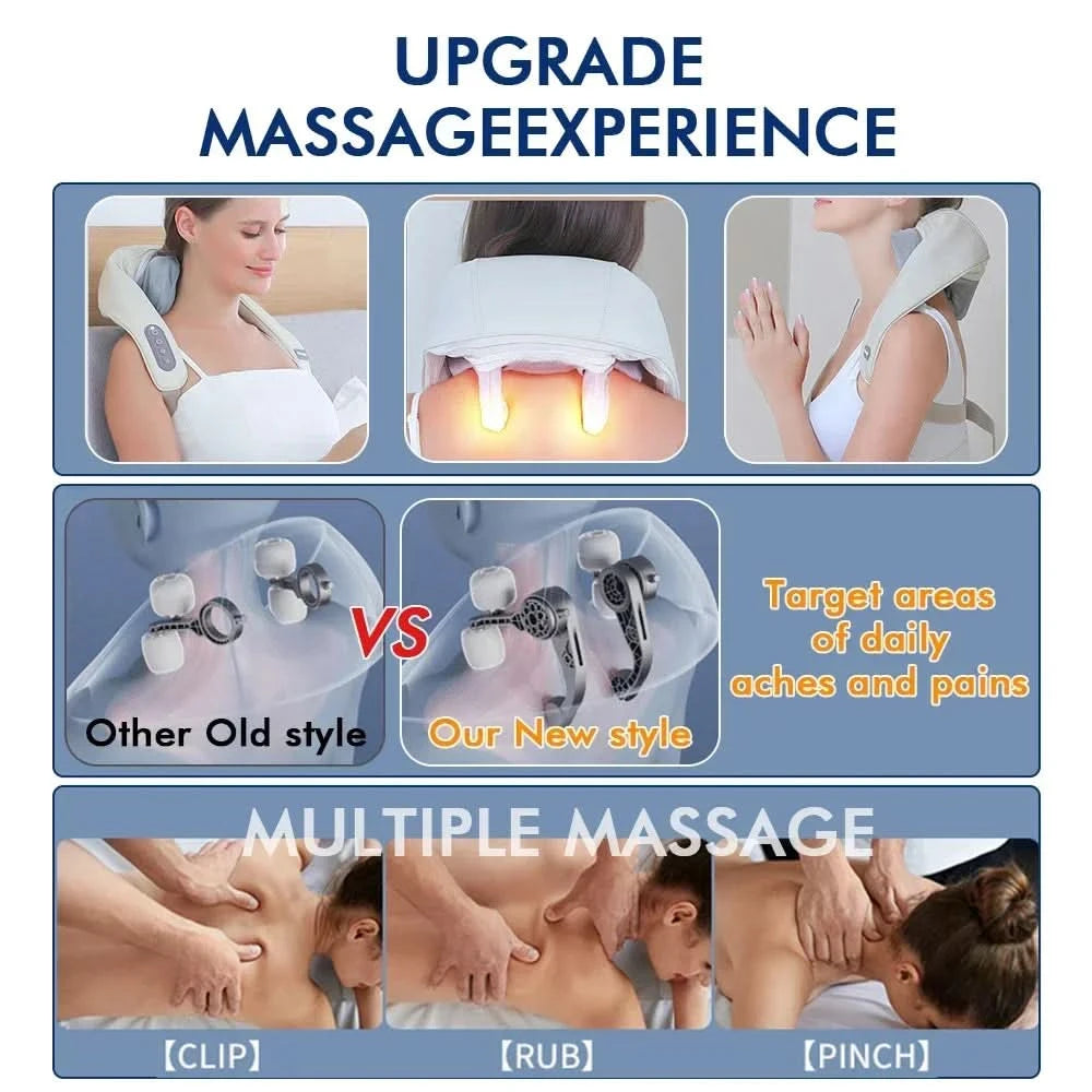 Wireless Neck Shoulder Massager 6D Heated Kneading Shiatsu Massage Shawl Cervical Back Massager for Electric Neck And Back - M & M Global