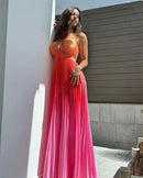 Women Chic Gradient Print Halter Neck Pleated Beach Long Dress Fashionable Long Dress Sexy Hollow Out Vacation Maxi Dress Outfit - M & M Global