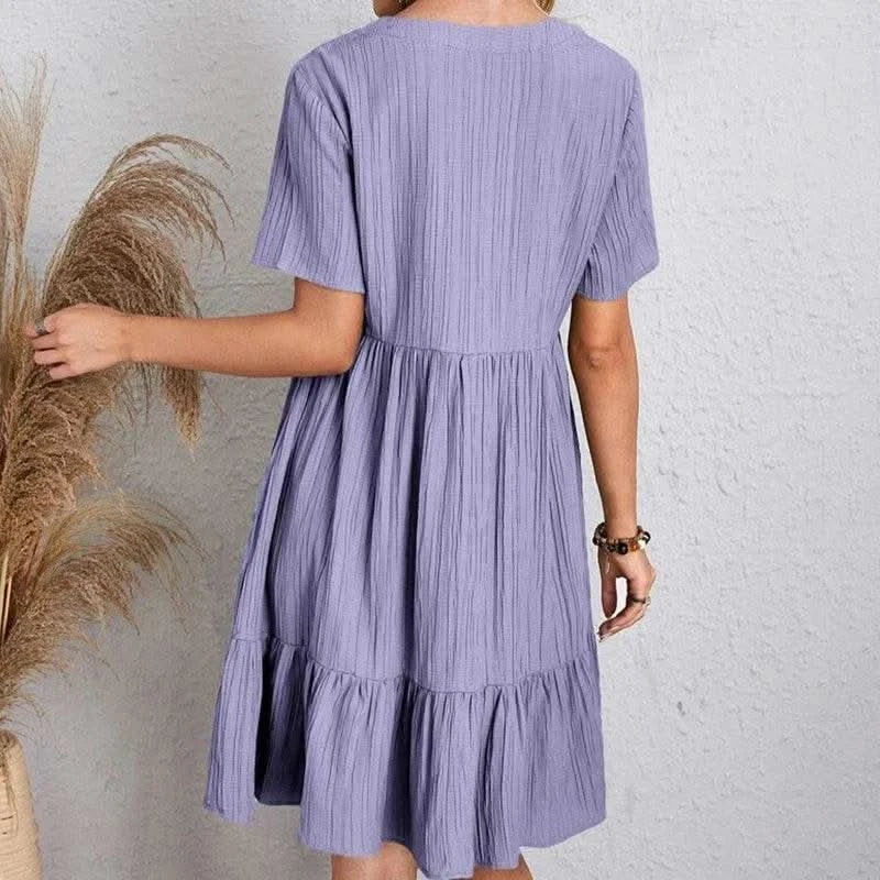 2025 Loose V-neck Short Sleeved Pleated Women Dress Solid Color A-line Beach Dresses Elegant Simple Comfortable Woman Clothing - M & M Global