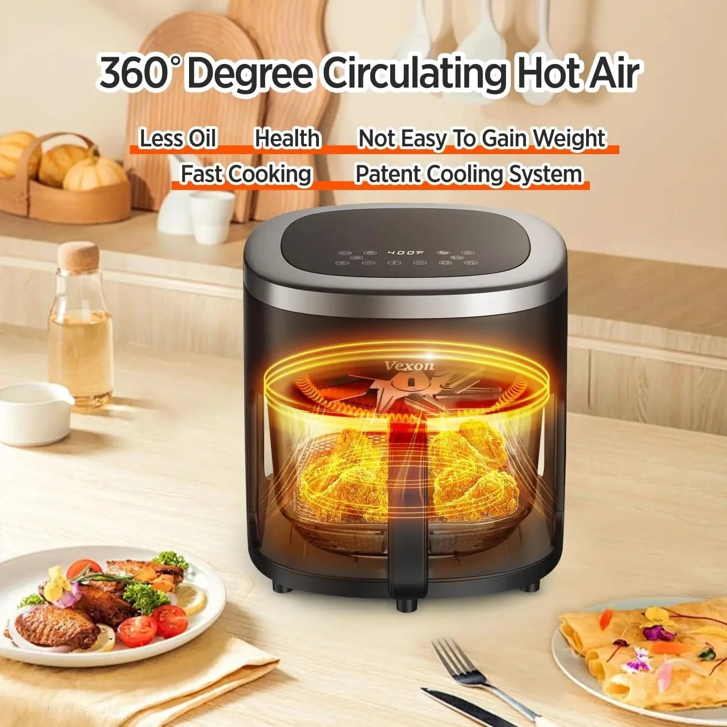 6-IN-1 Glass Air Fryer with 4.5 QT Capacity,Air Fry, Roast, Reheat, Dehydrate, Air Crisp Technology,Nonstick & Dishwasher Safe B - M & M Global