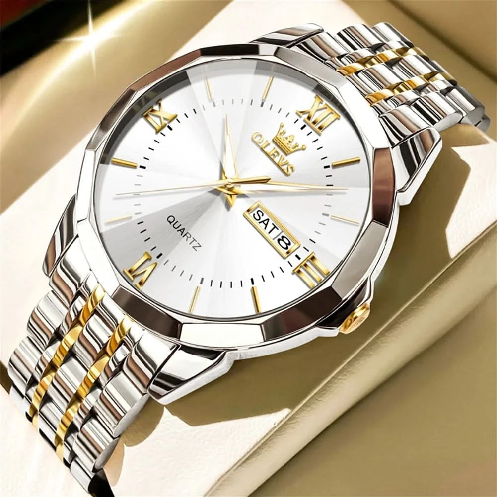 OLEVS Men's Watches Causal Fashion Original Quartz Watch for Man Waterproof Stainless Steel Luminous Date Week Trend Dress Reloj - M & M Global