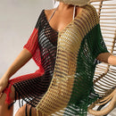 Knitted Contrast Tassel Bikini Summer Beach Cover Up Sexy Hollow Out Women V Neck Loose Beachwear Sunscreen Smock - M & M Global