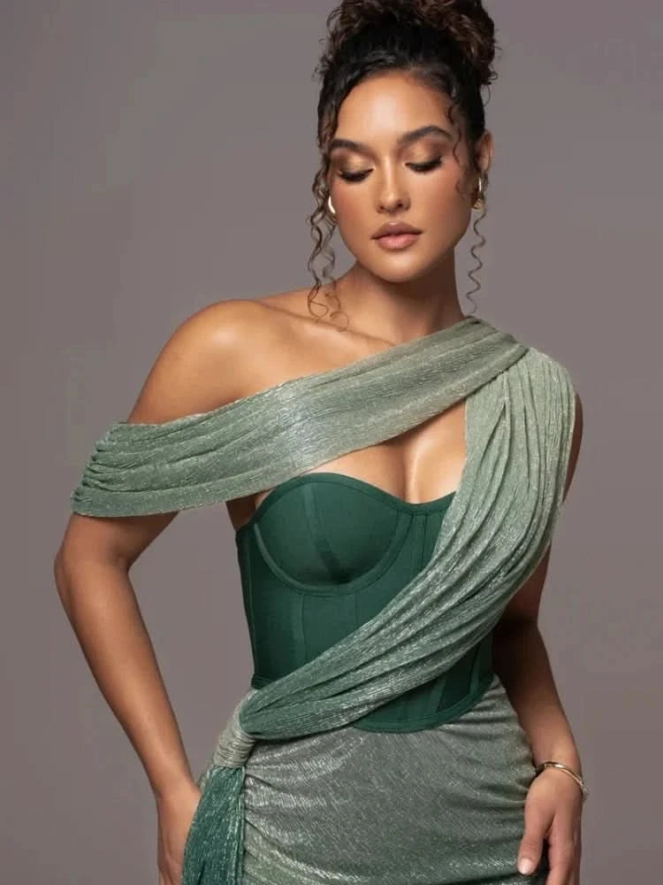 Sexy One Shoulder Draped Glitter Long Dress Women Brown Corset Sparkly Backless Bodycon Maxi Dresses Evening Party Gowns - M & M Global