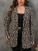 GIBSIE Plus Size Leopard Print Notched Neck Suit Coat Women Autumn New Casual Long Sleeve Fashion Office Lady Button Jacket Top