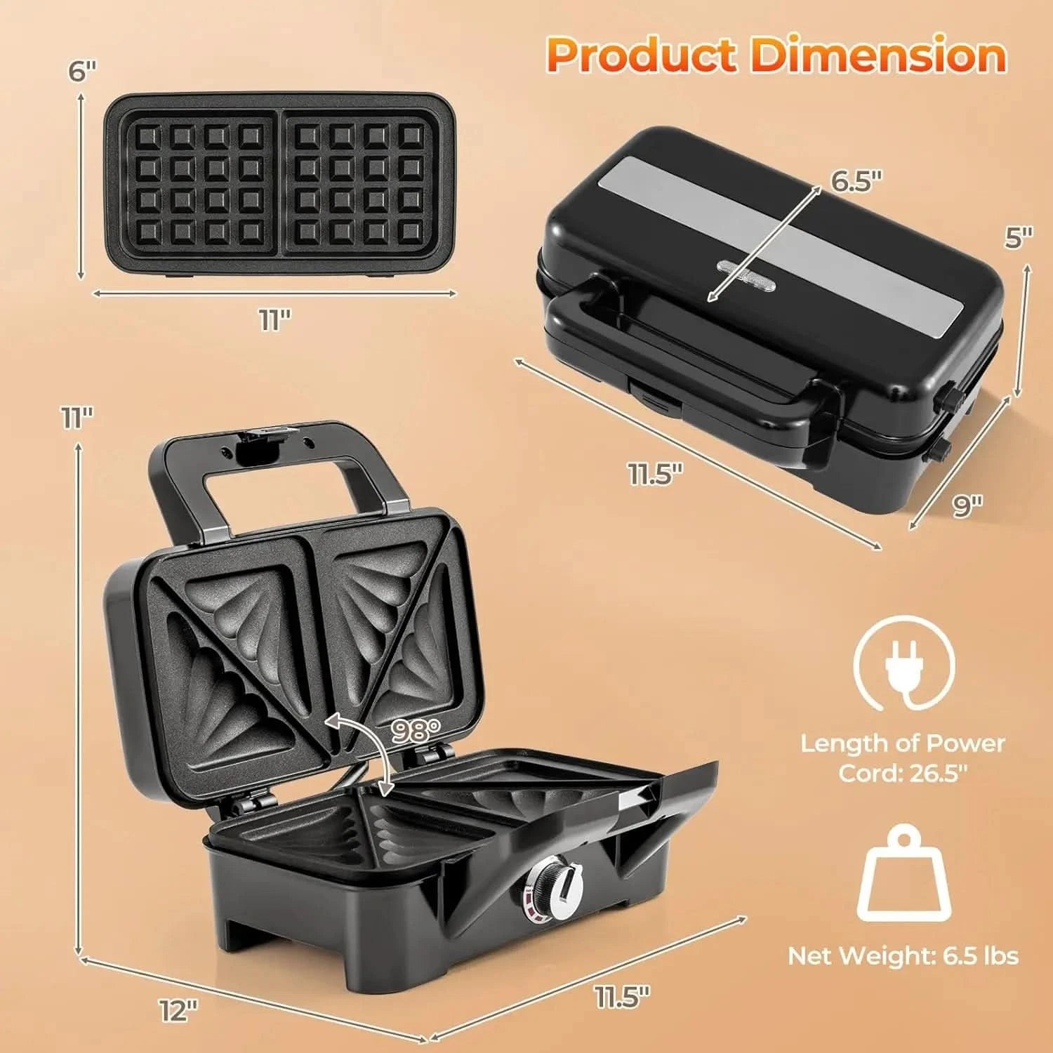 3 in 1 Waffle Maker, 1082W Electric Panini Press Grill w/Non-stick Plates, Indicator Lights, Cool Touch Handle, Sandwich Maker w - M & M Global