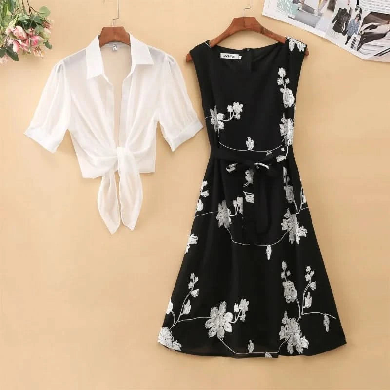New Elegant Suit Two-piece Dress High Waist Sleeveless Slim A-line Skirt Floral Embroidery White Top Bow Belt Vintage  WOMEN - M & M Global