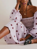 Women's Flower Embroidered Long Dress Bodycon Lantern Sleeve Square Neck Tiered Flowy Dress Bohemian Summer Beachwear Dresses - M & M Global