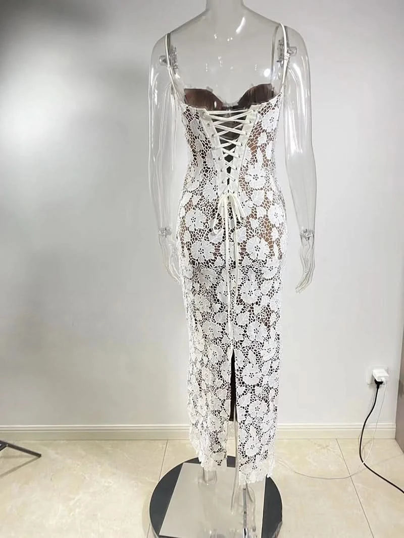 Mozision Floral Embroidery Sexy Maxi Dress For Women Fashion Spaghetti Strap Sleeveless Backless Lace-up Club Party Long Dress - M & M Global