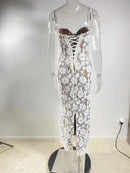 Mozision Floral Embroidery Sexy Maxi Dress For Women Fashion Spaghetti Strap Sleeveless Backless Lace-up Club Party Long Dress - M & M Global