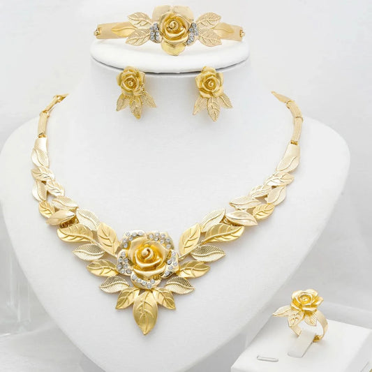 18k gold plated flower pendant jewelry set with necklace, earrings, bracelet, and ring for women.