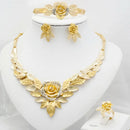 18k gold plated flower pendant jewelry set with necklace, earrings, bracelet, and ring for women.