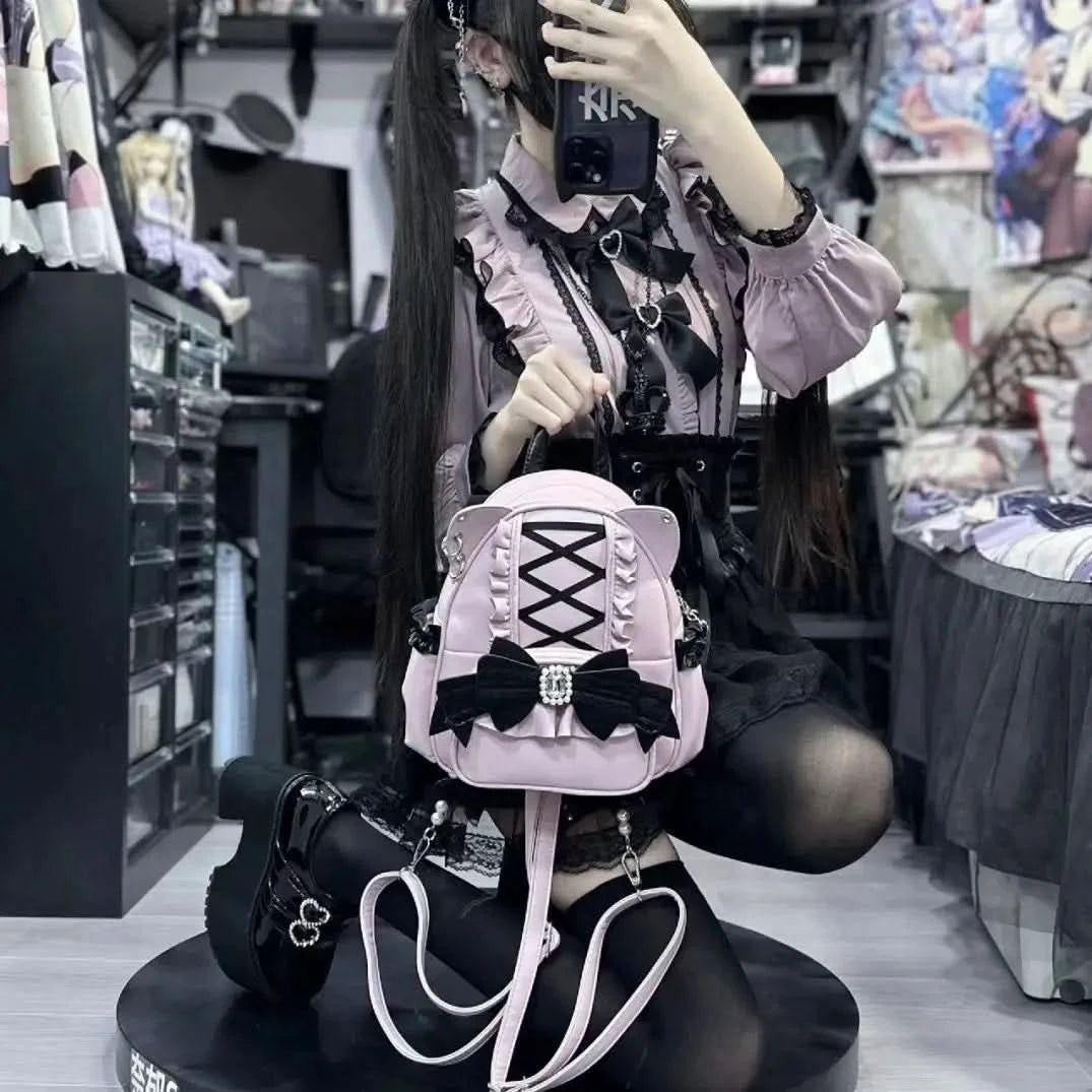 Korean Fashion Y2k Punk Backpack Lace Bow Cat Ear Lotus Lace Decoration Lolita Backbag PU Leather Large Capacity Women Backpack - M & M Global