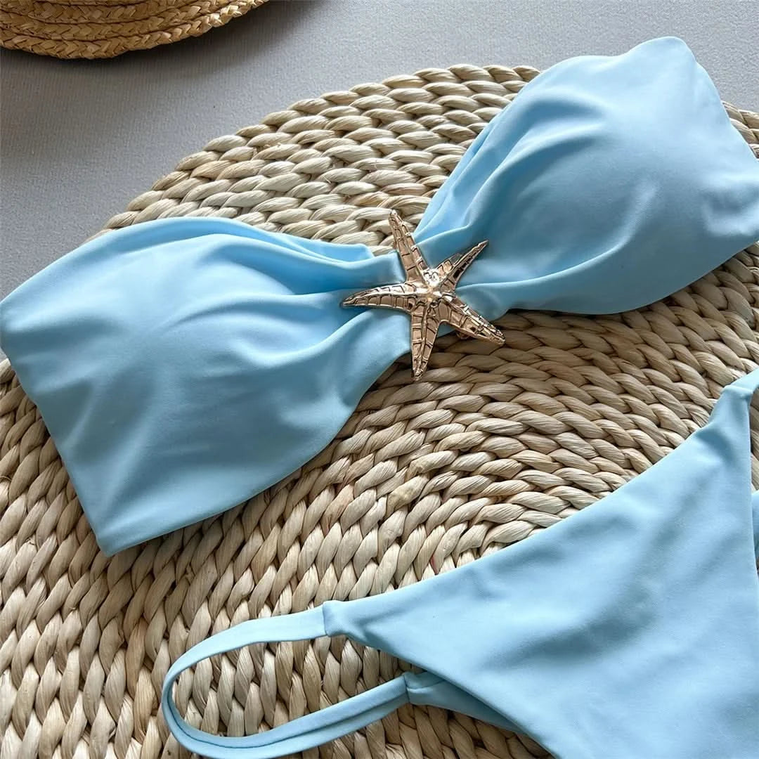 New Metal Star Bandeau High Cut Thong Bikini Women Swimwear Female Swimsuit Two-pieces Bikini set Bather Bathing Suit Swim V6422 - M & M Global