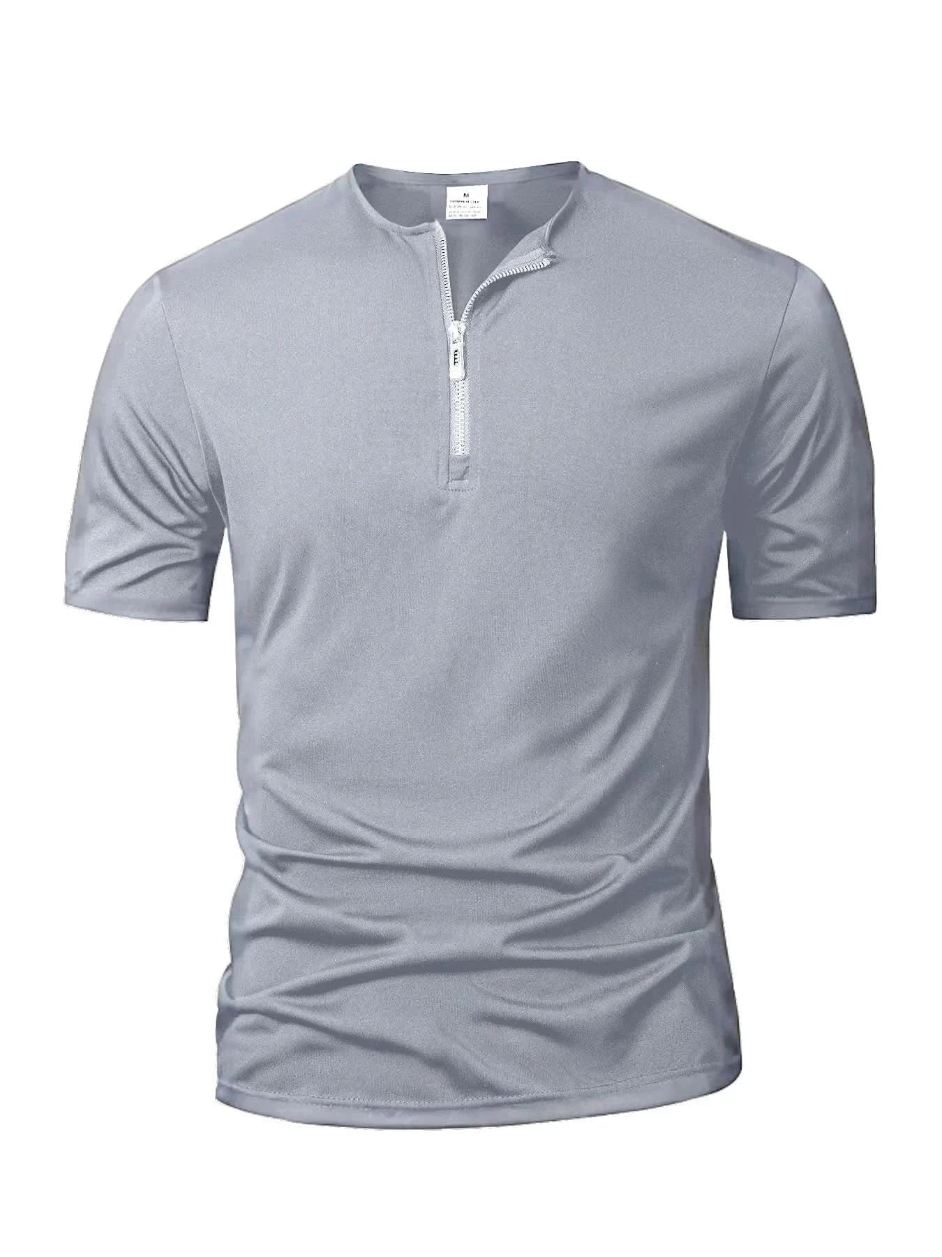 Summer Men's Short Sleeve Solid Color Zipper Collar Shirt Casual Sports T-Shirt Streetwear Daily Outdoor Activities Men's Top - M & M Global