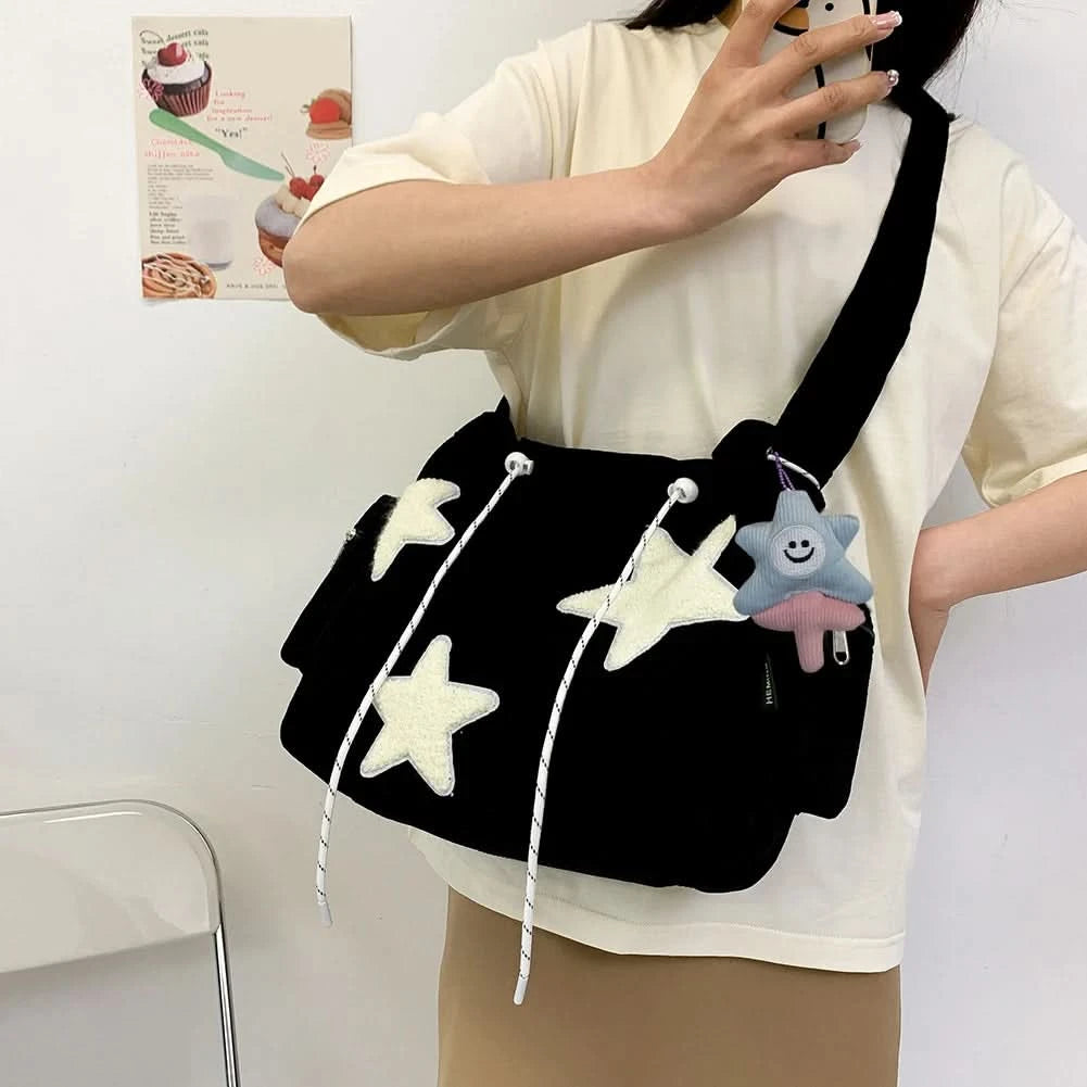 Women Star Pattern Corduroy Crossbody Bag Casual Tote Lady Fashion Large Capacity Shoulder Bag Girl Travel Messenger Bag Handbag - M & M Global