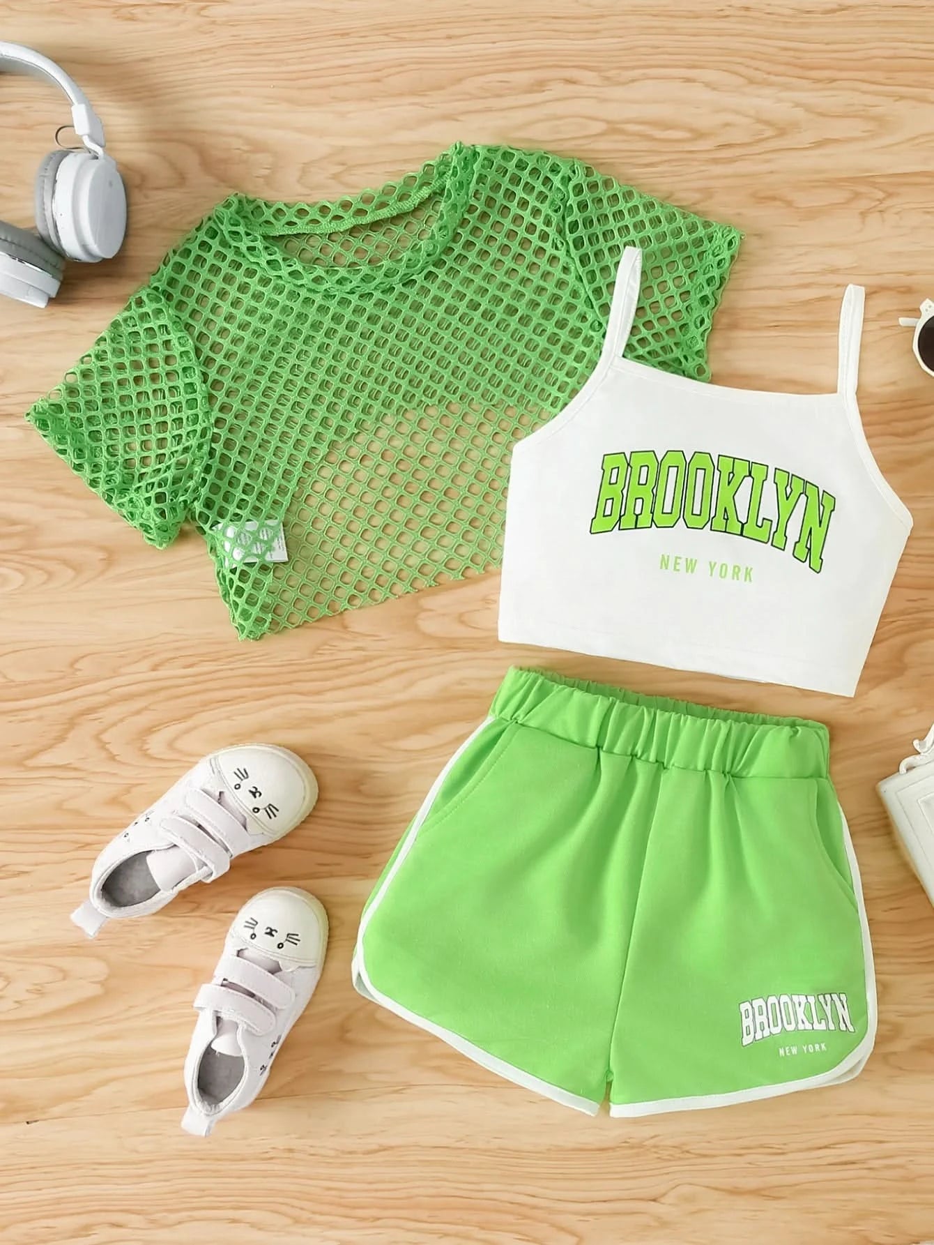 Girls Three-Piece Clothing New Breathable Summer Thin Fashion Short-Sleeved Mesh Top + Letter Printed Short Vest Suspender + Letter Printed Sports Shorts - M & M Global