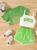 Girls Three-Piece Clothing New Breathable Summer Thin Fashion Short-Sleeved Mesh Top + Letter Printed Short Vest Suspender + Letter Printed Sports Shorts - M & M Global