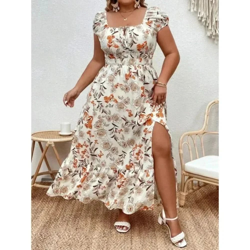 Plus Size Women 1XL-5XL  Suitable for Outdoor Flower Casual Long Party Dress Women Fashion Print Loose Summer Dress - M & M Global