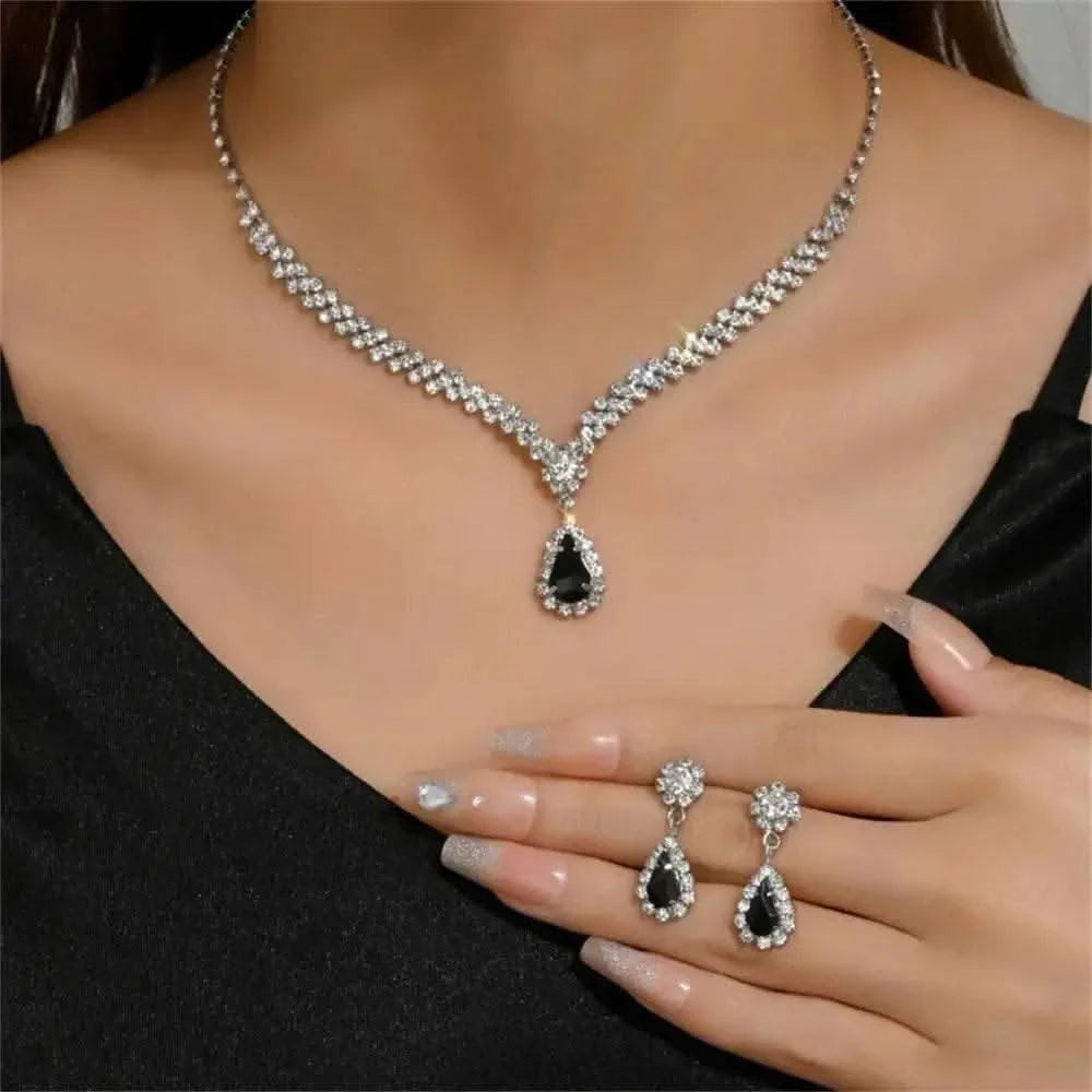 2pcs/set Jewelry Sets Women Elegant Waterdrop Rhinestone Pendant Necklace stud Earrings Wedding Dress Bridal Jewelry Set - M & M Global