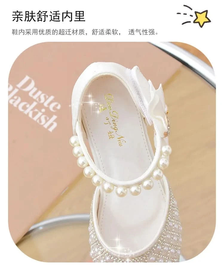 Rhinestones Princess Party Shoes Shiny Crystal Bow White Children High Heels Girls Sandals Summer Kids Student Performance Shoes - M & M Global