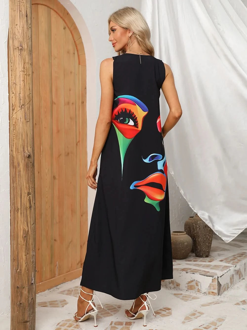 Lady Spring Summer Black Long Dress Sleeveless Red Petals Print Elegant Dresses For Women 2023 Party Beach Women Dress - M & M Global