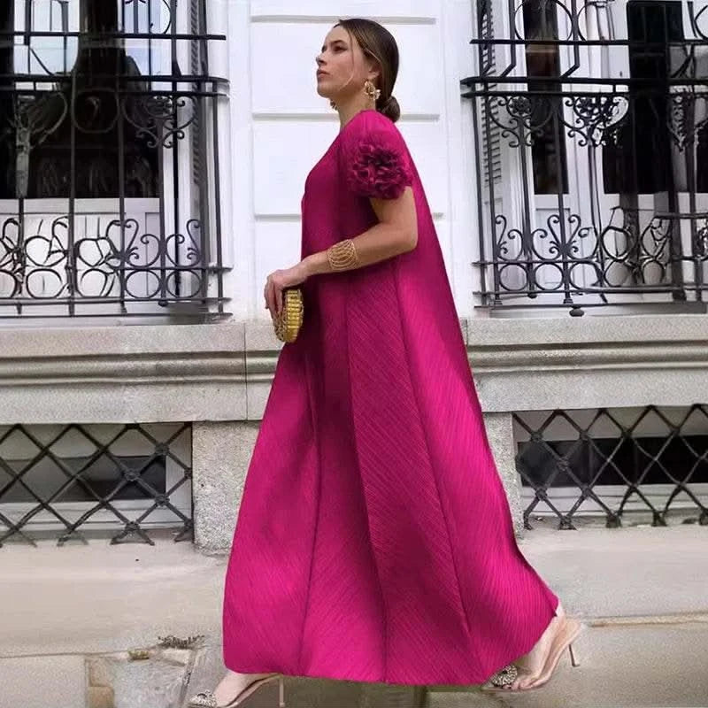 ANLAN Miyake Pleated Maxi Long Dress Mesh Petal Sleeve Half Turtleneck Formal Dresses for Women 2024 New Hot Sales 6KK9927 - M & M Global