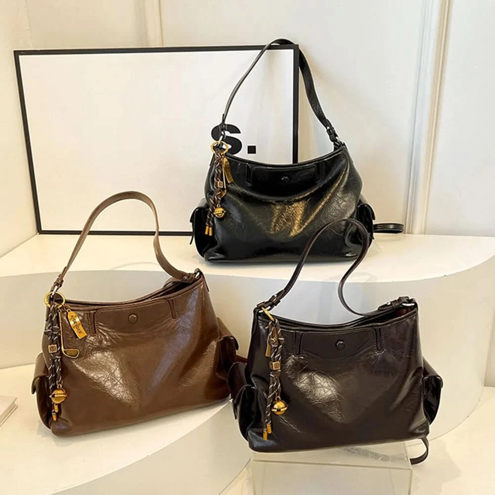 Women Casual Underarm Bag with Pendant Retro Crossbody Bag PU Leather Trendy Tote Bag Travel Shopping Work Date Bag - M & M Global