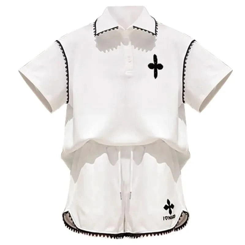 Girls Summer Polo Shirt Set Ruffle Collar T-Shirt Shorts Two-Piece Korean Style Mid-Big Children Fashionable Clothing - M & M Global