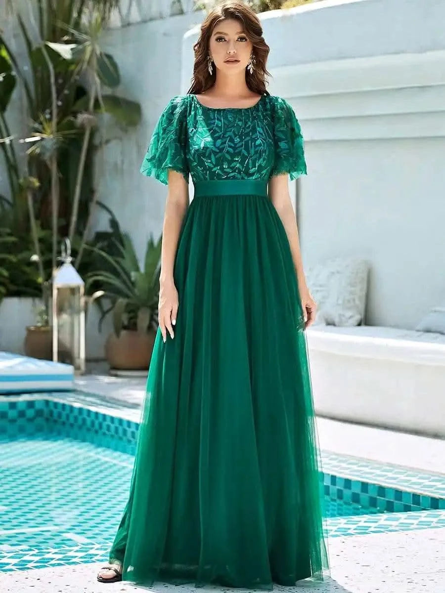 2023 New Women's Burgundy A-Line Sequin Mesh Leaf Maxi Prom Dress Sparkle Evening Dresses O-Neck Short Sleeve Long Dress - M & M Global