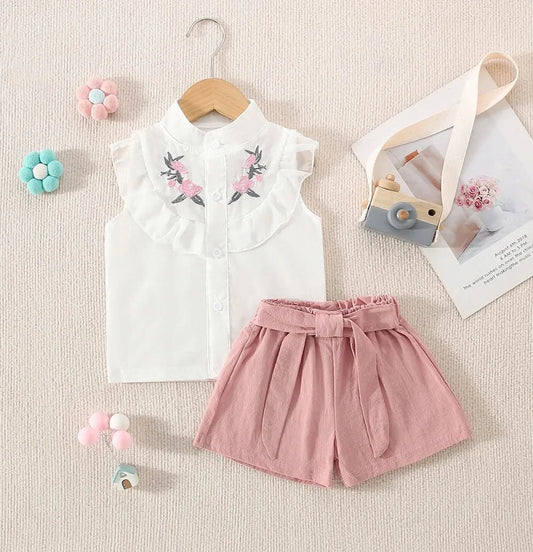 Summer New Girls' Two-Piece Set Lace Flower Embroidery Bow Two-Piece Set Loose Casual Two-Piece Shorts - M & M Global