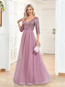 Luxury Pink V-Neck Tulle Splicing Short Sleeves Sequins Evening Dresses Women Elegant Party Short Sleeves Cocktail Gowns