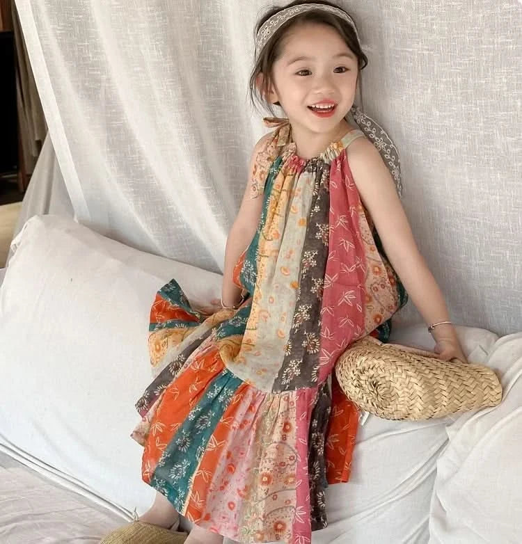 Girls Casual Dresses Floral Print Halter Sleeveless Top Girls Dress Kids Clothes for 2 To 7 Years Chinese Traditional Dress - M & M Global