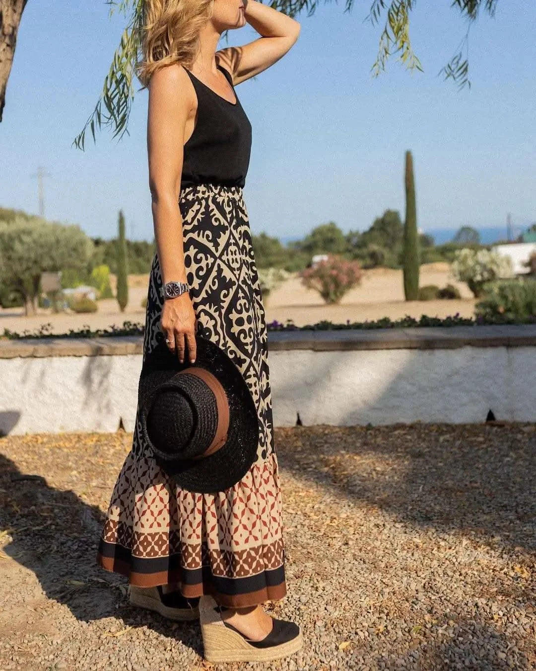 boho print maxi skirt women fashion high waist 3D printting long dress casual loose summer high waist skirts for women 2024 - M & M Global