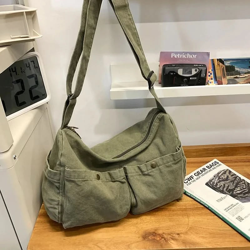 Vintage Style Canvas Messenger Bag Casual Travel Crossbody Bag Retro Large Capacity Shoulder Bag Multi Pocket Shoulder Bag - M & M Global