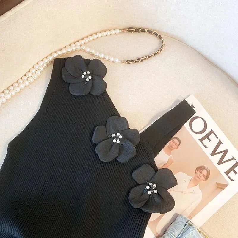 Solid Stereo Flower Asymmetric Neckline Knitted Top, Elegant Sleeveless Top For Summer & Spring, Women's Clothing - M & M Global
