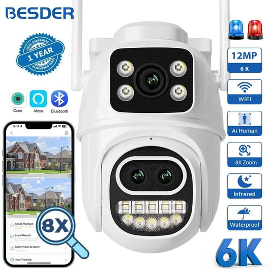BESDER 6K 12MP Wifi Camera PTZ Dual Screen 8X Digital Zoom AI Auto Tracking Outdoor 8MP CCTV IP Camera Security Protection iCSee - M & M Global