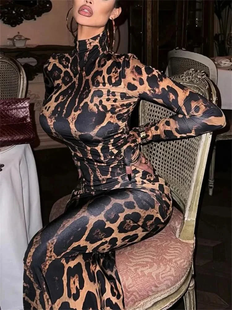 Print Leopard Print Slim Long Dress Women's Fashion Long Sleeve Sexy Party Dress Summer Street Leopard Print Long Dress 2024 New - M & M Global