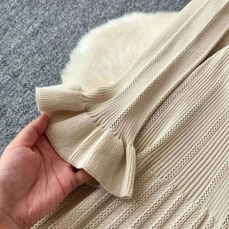 2024 Green Fashion Autumn Winter Knitted Long Dress French Style Letter Buttons Elegant Sweater Dress Lady Office Bodycon - M & M Global