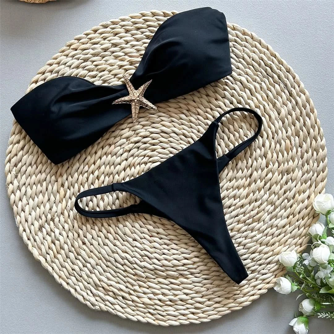 New Metal Star Bandeau High Cut Thong Bikini Women Swimwear Female Swimsuit Two-pieces Bikini set Bather Bathing Suit Swim V6422 - M & M Global