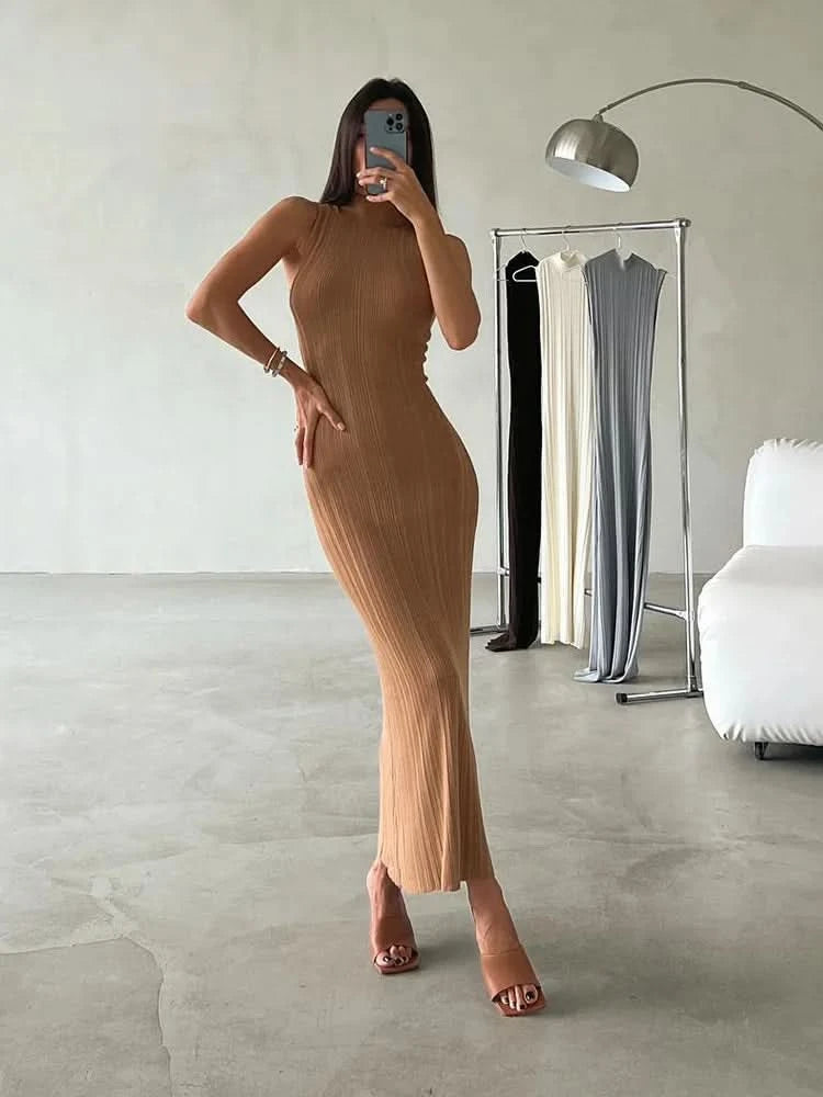 Tossy Sleeveless Knitwear Turtleneck Long Dress Female Slim Elegant Fashion Autumn 2023 Ribbed Knit Dress For Women Maxi Dress - M & M Global