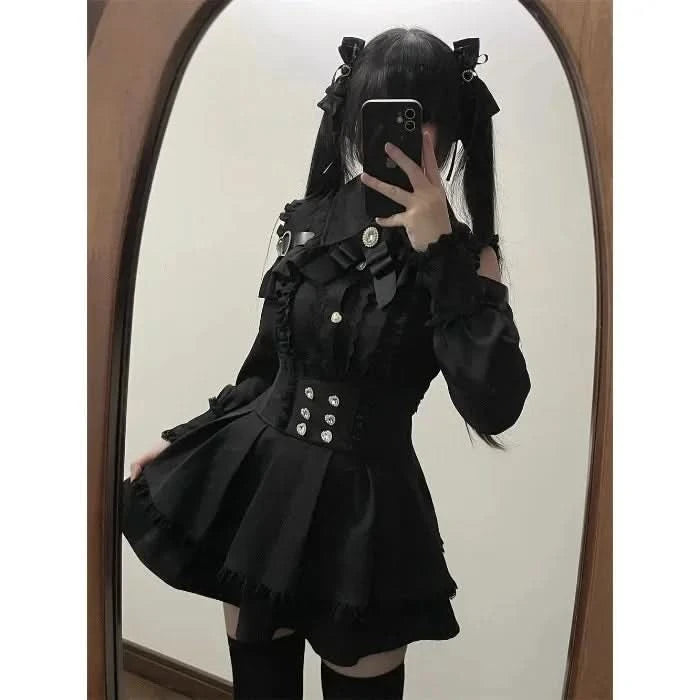 Sweet Heart Dull Black Women's 3-Piece Set Trendy Off-The-Shoulder High-Waisted Half Skirt 2-Piece Suit Fashionable - M & M Global