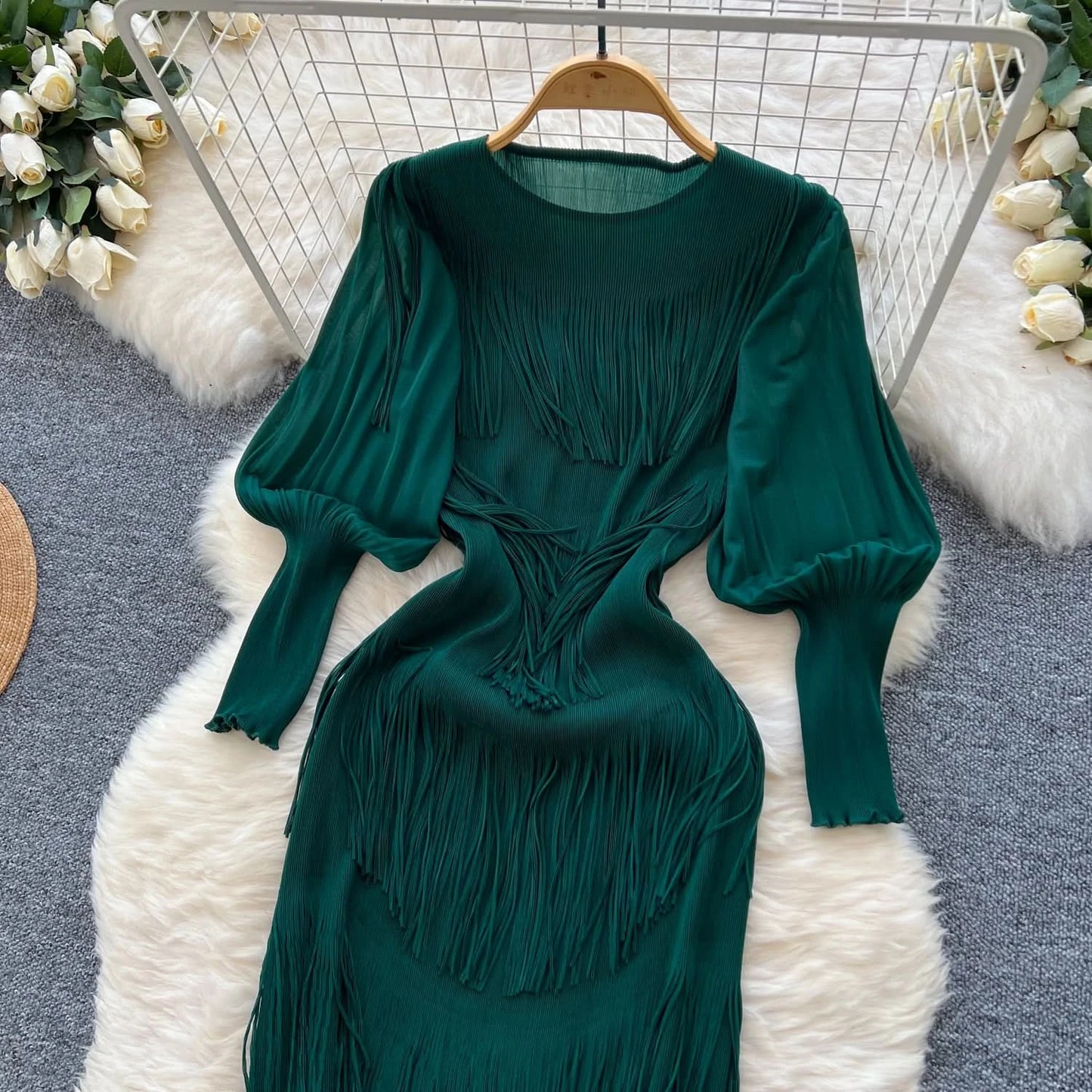 Vintage O-Neck Elegant Long Lantern Sleeve Chic Tassel Slim Long Dress French Fashion Evening High Street Autumn Winter Clothing - M & M Global