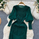 Vintage O-Neck Elegant Long Lantern Sleeve Chic Tassel Slim Long Dress French Fashion Evening High Street Autumn Winter Clothing - M & M Global