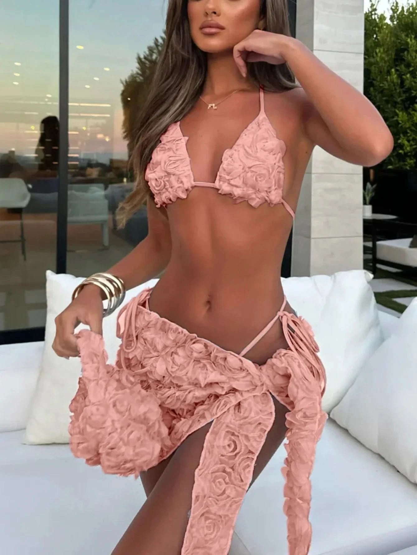 Women's Sexy 3 Piece Bikini Set 3D Flower Beach Skirt Swimsuit Pure Pink Triangle Halter Backless Thong Swimwear 2025 Summer New - M & M Global