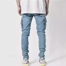 Men Street Elastic Denim Jeans Wash Solid Color Multi Pockets Cargo Pants Casual Slim Fit Daily Wear Joggers Mid Waist Trousers - M & M Global