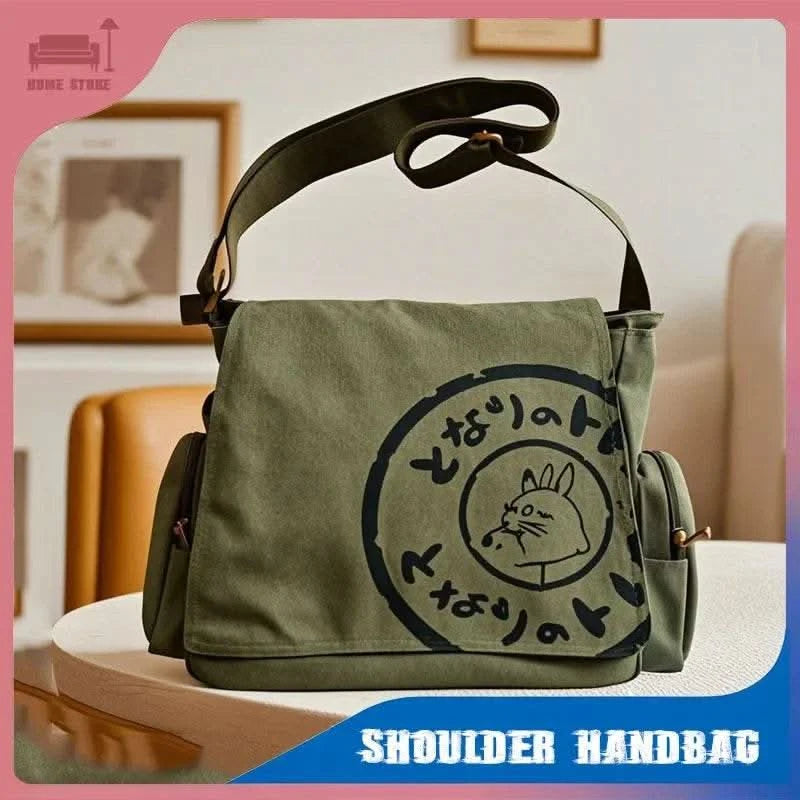 Canvas Messenger Handbag Large Capacity Washed Women Oblique Straddle Canvas Bag Simple Vintage Cartoon Leisure Shoulder Handbag - M & M Global