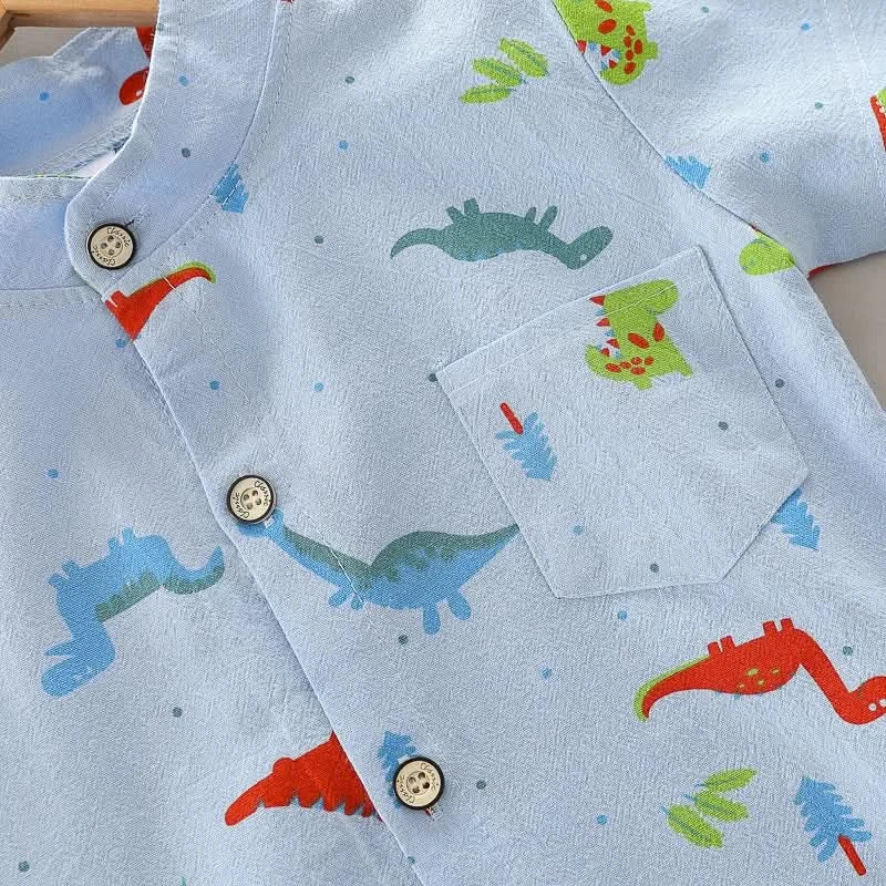 Infants and Toddlers Covered in Printed Cartoon Dinosaur Stand-up Collar Shirt Short Sleeve 2 Piece Set - M & M Global